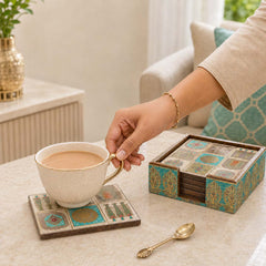 Mughal Heritage Wooden Coaster Set of 6 with Holder