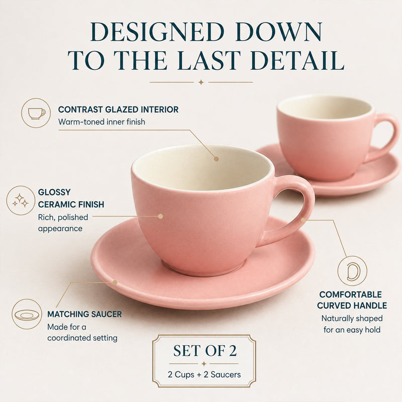 Solid Peach Ceramic Cappuccino Cup & Saucer Set of 4