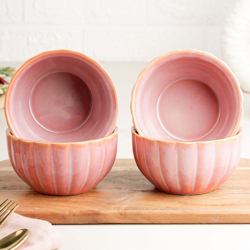 Pink Ribbed Ceramic Snack Bowl Set of 4 – 320ML