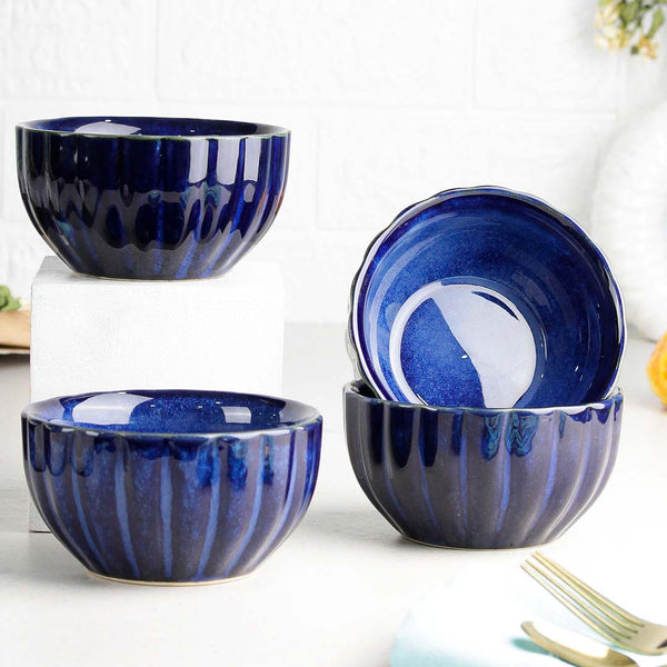 Blue Ribbed Ceramic Bowl Set of 4, 320ML