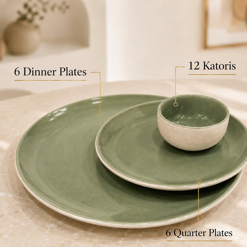 Organic Green Ceramic Dinner Set - 24 Piece Plates & Bowls Set