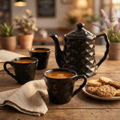 Black Diamond Ceramic Tea Set with Kettle & 6 Cups