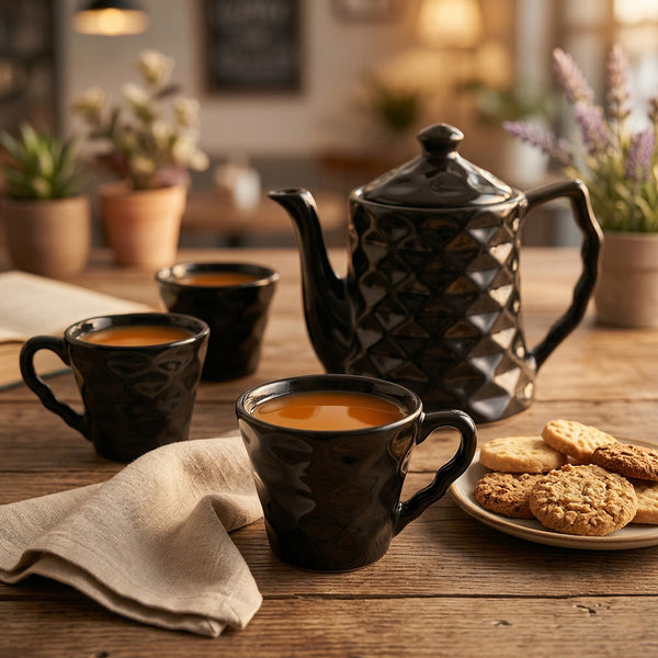 Black Diamond Ceramic Tea Set with Kettle & 6 Cups