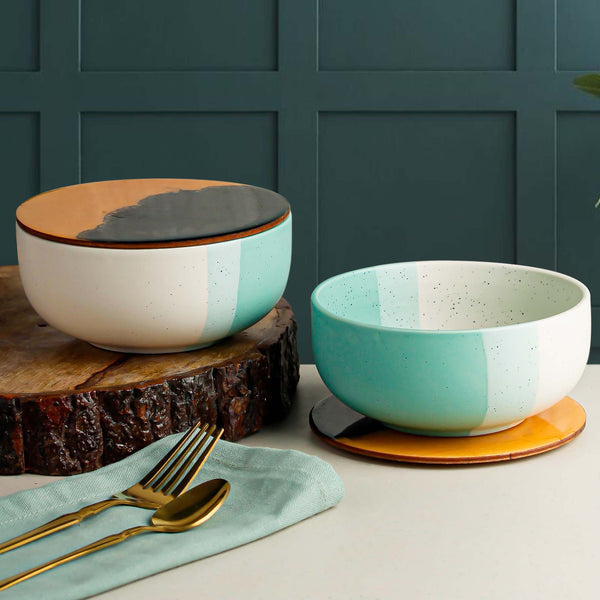 Green Matte Ceramic Bowl Set of 2 – 500ML with Lid