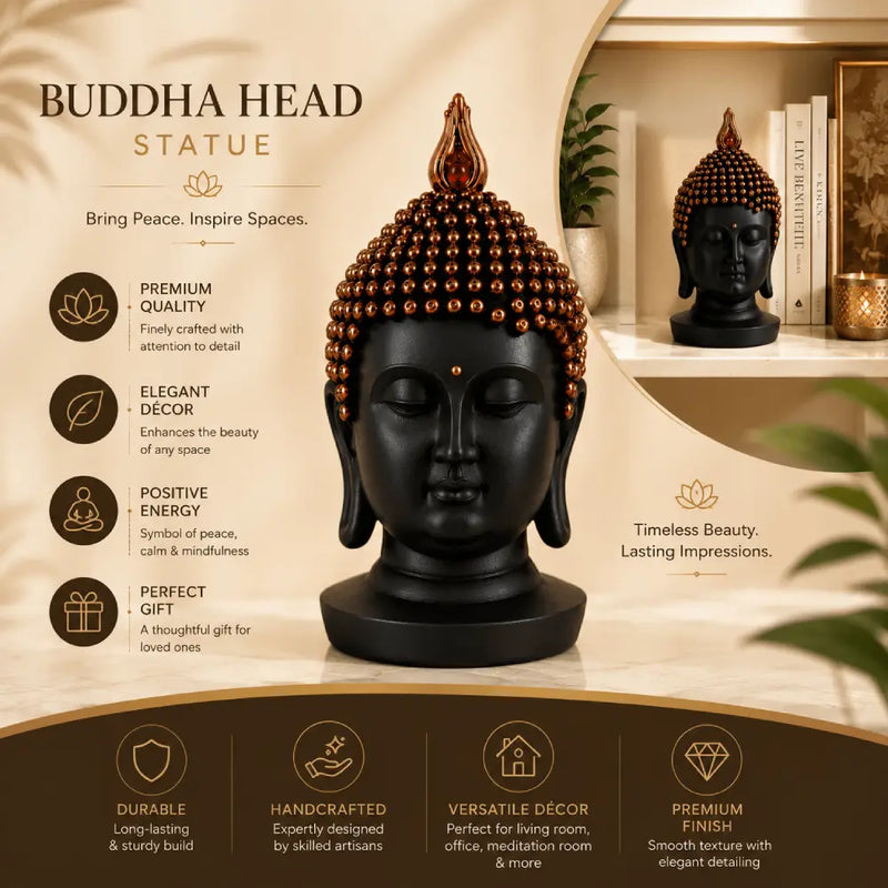 Serenity Buddha Head Sculpture – Matte Black & Copper
