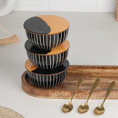 Black Stripe Ceramic Bowls Serving Set – 3 Bowls, 3 Coaster, 3 Spoon and 1 Tray