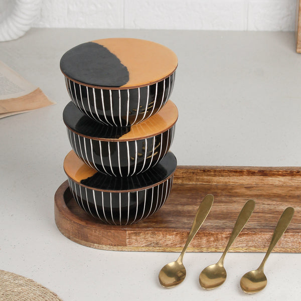 Black Stripe Ceramic Bowls Serving Set – 3 Bowls, 3 Coaster, 3 Spoon and 1 Tray
