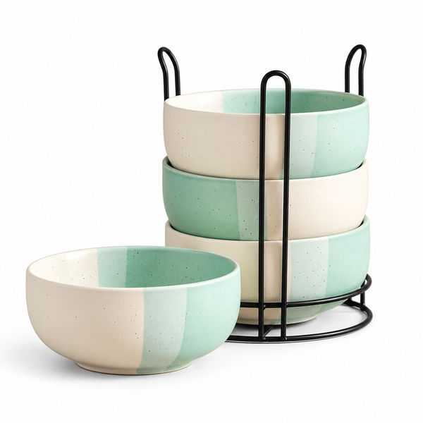 Tritone Green Ceramic Bowl Set of 4 with Metal Stand (500ml)