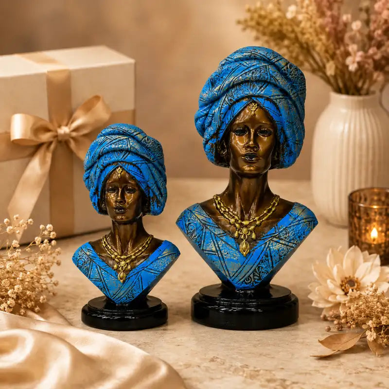 Majestic Bronze & Blue Sculptural Bust Pair (Set of 2)