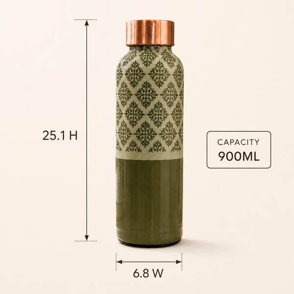 Sage Lattice Copper Water Bottle | Handcrafted Damask Design | 900ml