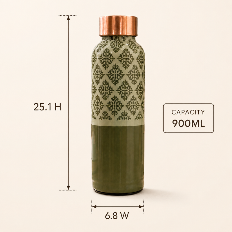 Sage Lattice Copper Water Bottle | Handcrafted Damask Design | 900ml