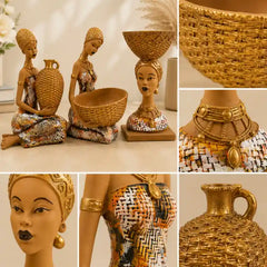Artistic Ethnic Gold Lady Figurine Set – Decorative Tabletop Trio