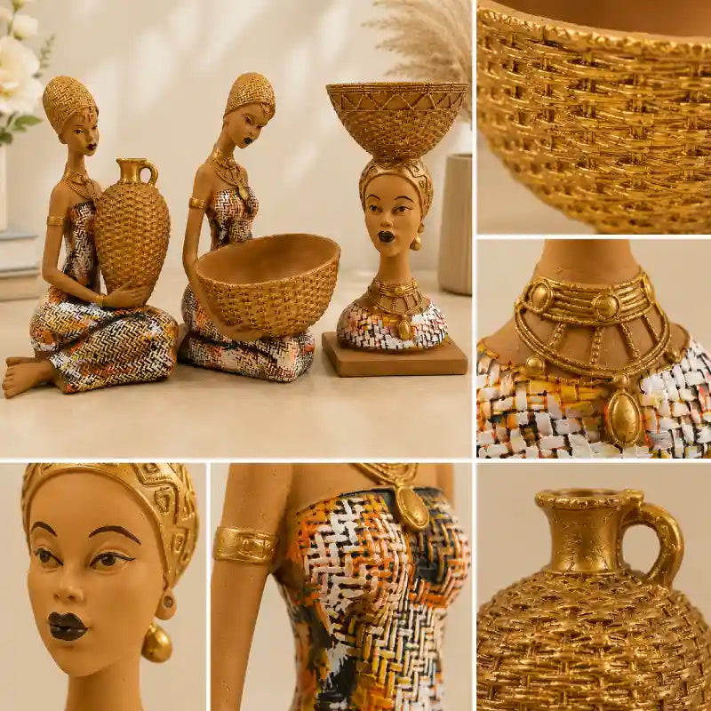 Artistic Ethnic Gold Lady Figurine Set – Decorative Tabletop Trio