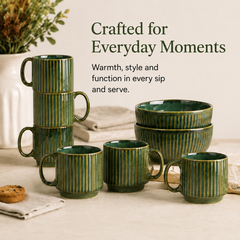 Glam Green Ceramic 2 Snack Bowl & 6 Tea Cup Combo