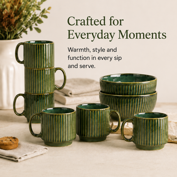 Glam Green Ceramic 2 Snack Bowl & 6 Tea Cup Combo
