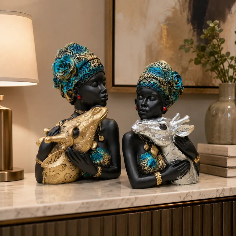 Elegant African Lady with Deer Sculptural Bust Pair – Decorative Gold & Silver Figures