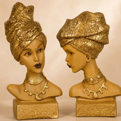 Artistic African Lady Sculptural Bust Pair – Decorative Gold Statues Set of 2
