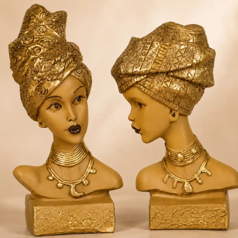 Artistic African Lady Sculptural Bust Pair – Decorative Gold Statues Set of 2