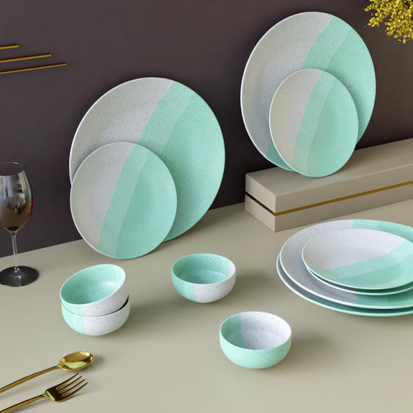 TT Green Matte Ceramic Dinner Set 12 Piece for Family of 4