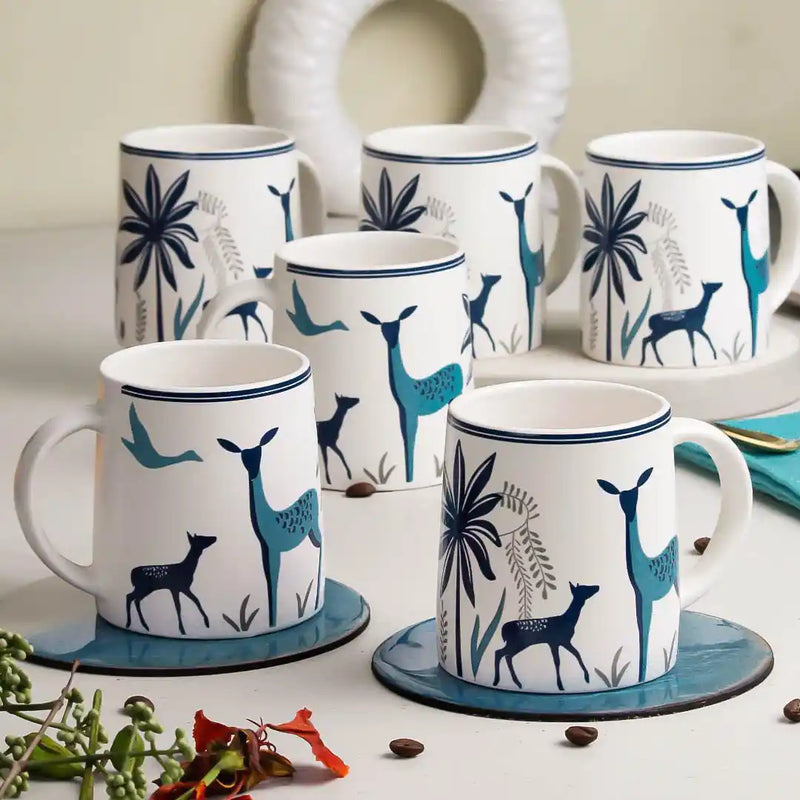 Stag Blue Hand-Crafted Ceramic Coffee Mugs Set of 6
