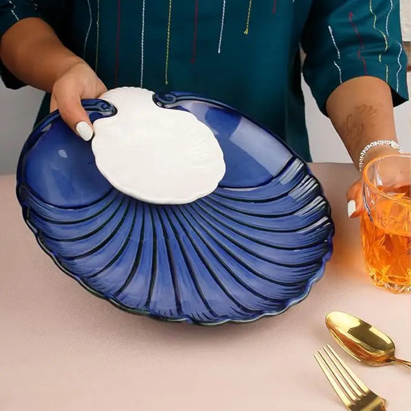 Blue Sea Shell Ceramic Chip and Dip Serving Platter