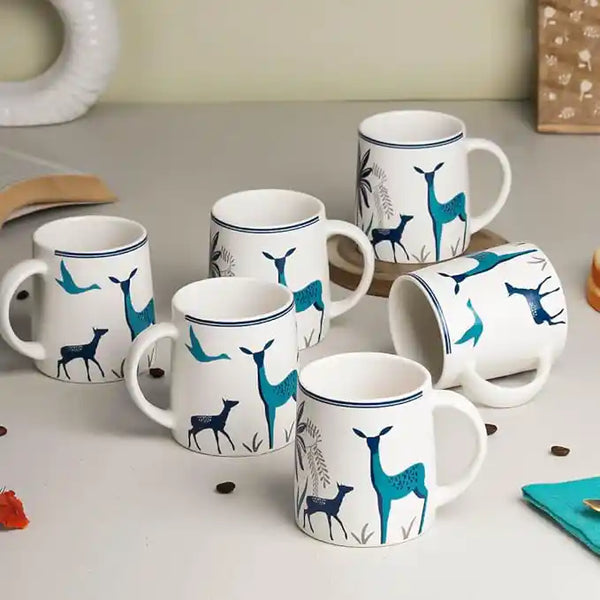Stag Blue Hand-Crafted Ceramic Coffee Mugs Set of 6
