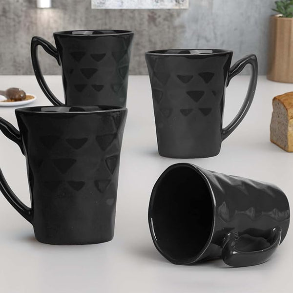 Conical Black Diamond Ceramic Mugs Set of 4 (350ML) – Premium Set