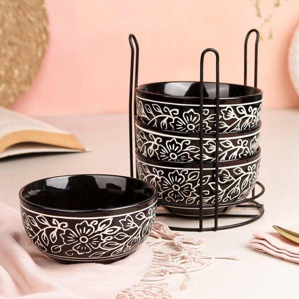 Black Artvine Ceramic Bowl Set with Stand, Set of 4
