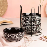 Black Artvine Ceramic Bowl Set with Stand, Set of 4