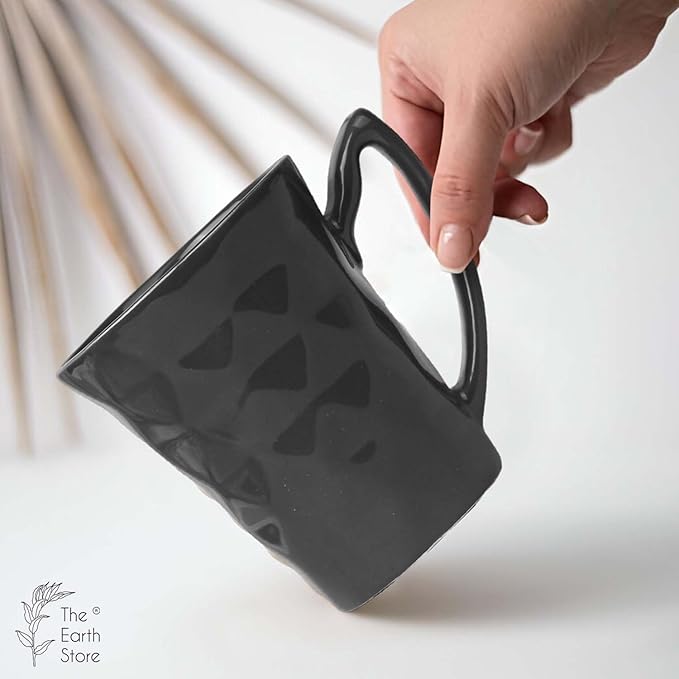 Conical Black Diamond Ceramic Mugs Set of 4 (350ML) – Premium Set