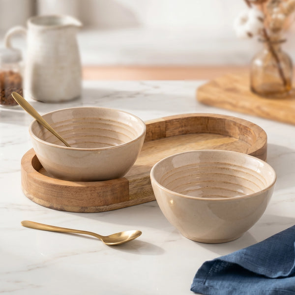 Sage Creamy Ceramic Bowl Serving Set 2 Bowls, 1 Tray, and 2 Spoon