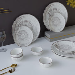 Brown Spiral Ceramic Dinner Set 12 Piece for Family of 4 Plates and Bowls
