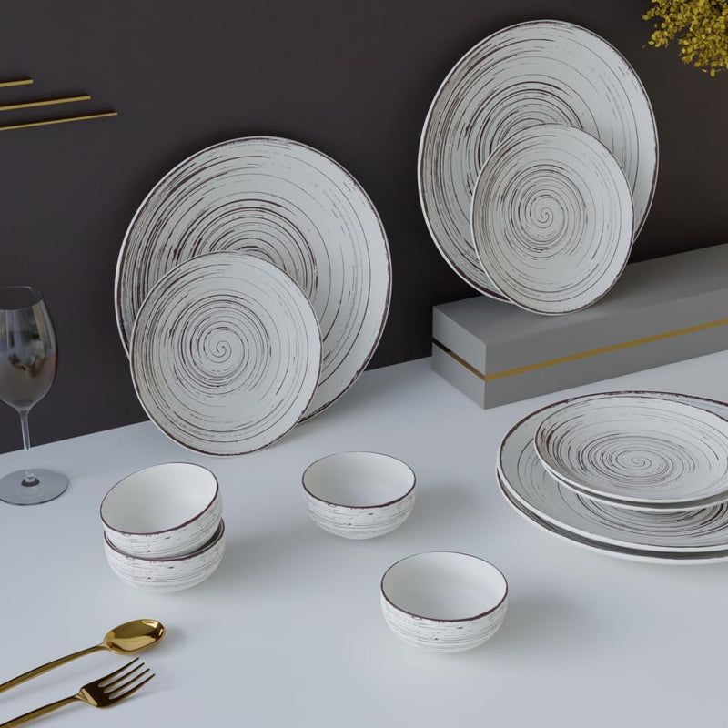 Brown Spiral Ceramic Dinner Set 12 Piece for Family of 4 Plates and Bowls