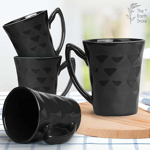 Conical Black Diamond Ceramic Mugs Set of 4 (350ML) – Premium Set
