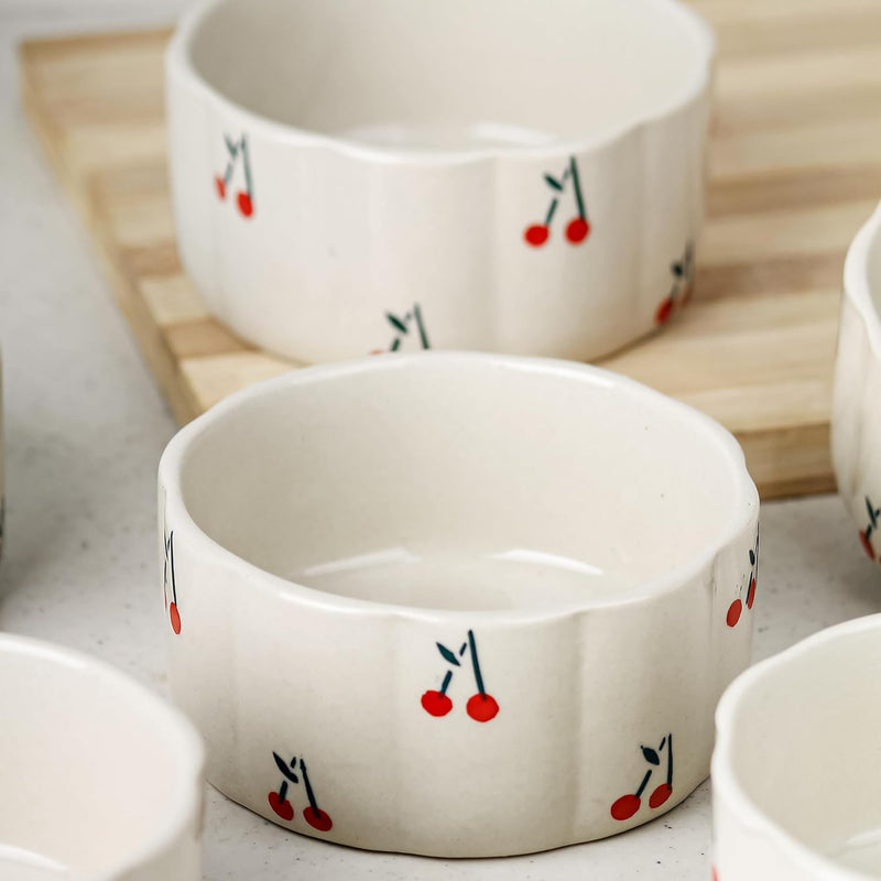 Cream Coffee Mug Set of 6 with Cherry Ceramic Bowl Set of 2