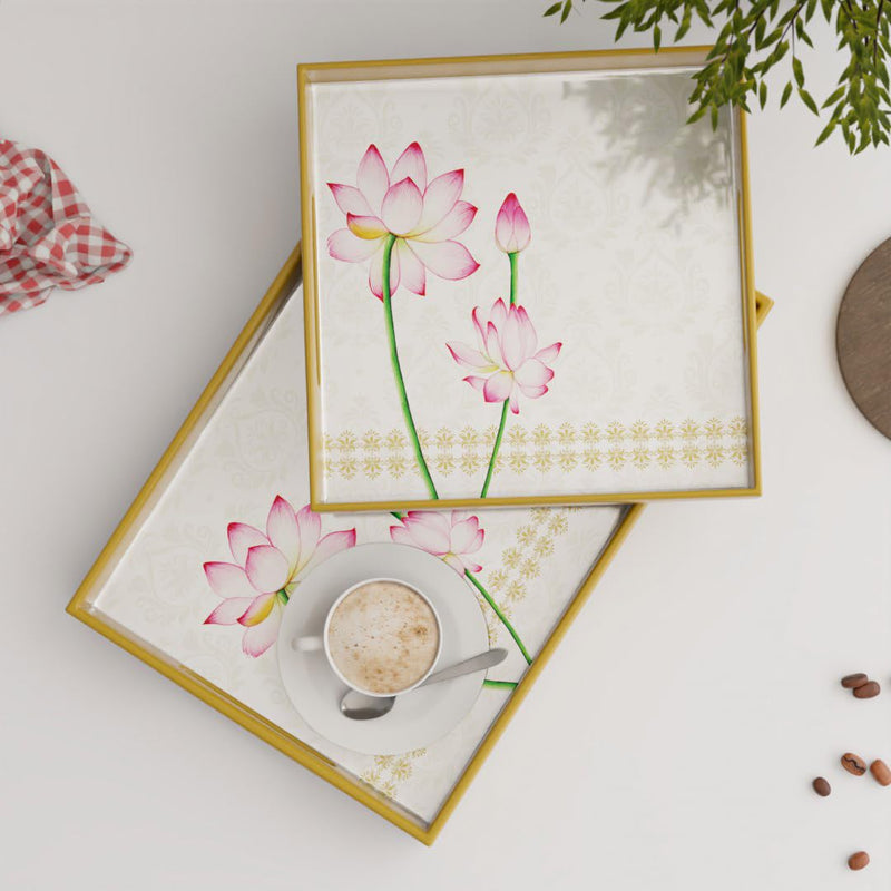 Lotus Wooden Serving Tray Set of 2