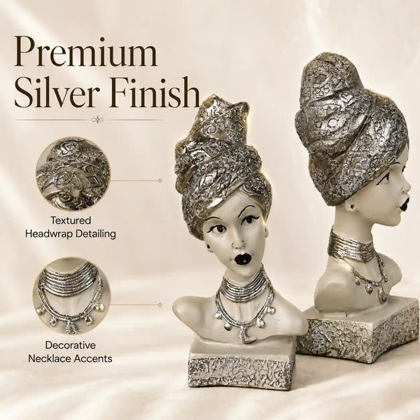 Artistic Ethnic Silver Lady Sculptural Bust Pair – Decorative Statues
