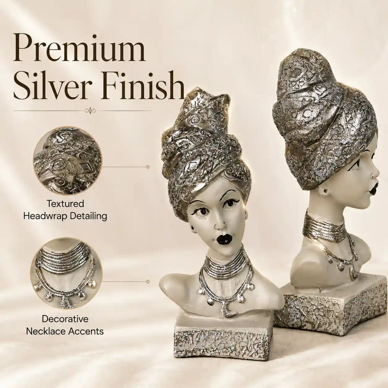 Artistic Ethnic Silver Lady Sculptural Bust Pair – Decorative Statues