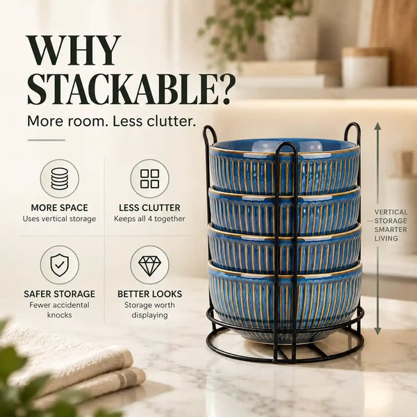 Glam Blue Ceramic Bowl Set of 4 with Stand