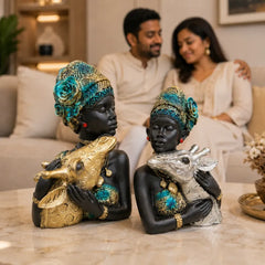 Elegant African Lady with Deer Sculptural Bust Pair – Decorative Gold & Silver Figures