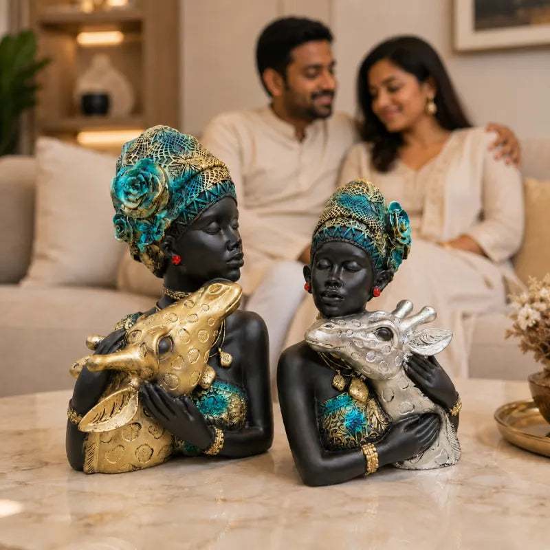 Elegant African Lady with Deer Sculptural Bust Pair – Decorative Gold & Silver Figures