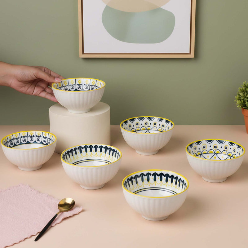 Yellow Floret Ceramic Bowl Set of 6 - 300ml