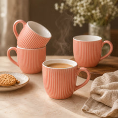 Peach Fringe Ceramic Tea Cup Set of 6, 220 ML Each, Microwave and Dishwasher Safe Coffee Cups