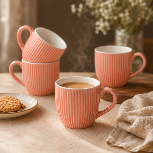 Peach Fringe Ceramic Tea Cup Set of 6, 220 ML Each, Microwave and Dishwasher Safe Coffee Cups
