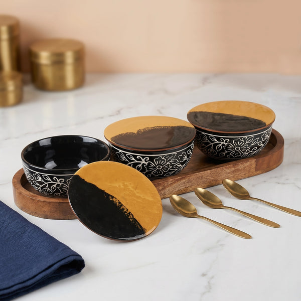 Black Artvine Ceramic Bowl Serving Set – 3 Bowls, 3 Coaster, 3 Spoon and 1 Tray