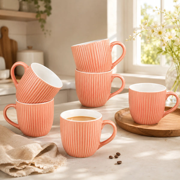 Peach Fringe Ceramic Tea Cup Set of 6, 220 ML Each, Microwave and Dishwasher Safe Coffee Cups