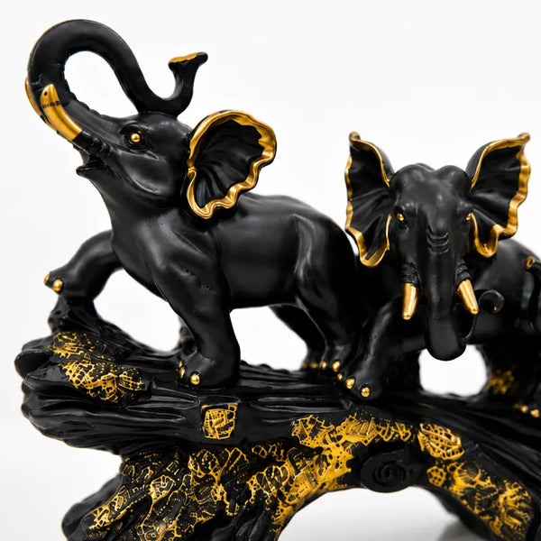 Majestic Black & Gold Elephant Family Sculpture