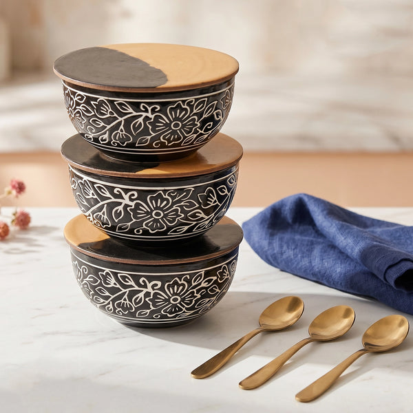 Black Artvine Ceramic Bowl Serving Set – 3 Bowls, 3 Coaster, 3 Spoon and 1 Tray