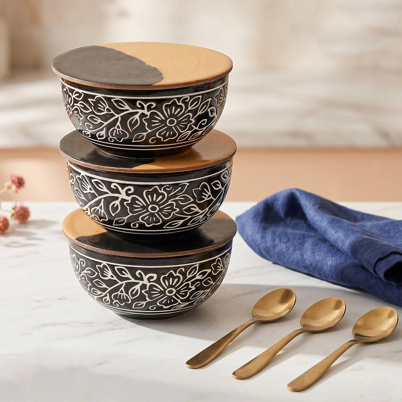 Black Artvine Ceramic Bowl Serving Set – 3 Bowls, 3 Coaster, 3 Spoon and 1 Tray