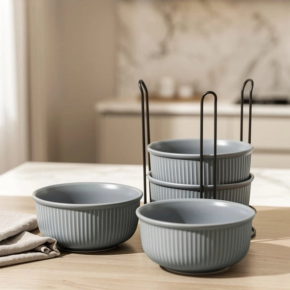 Fringe Grey Ceramic Bowl Set of 4 with Metal Stand